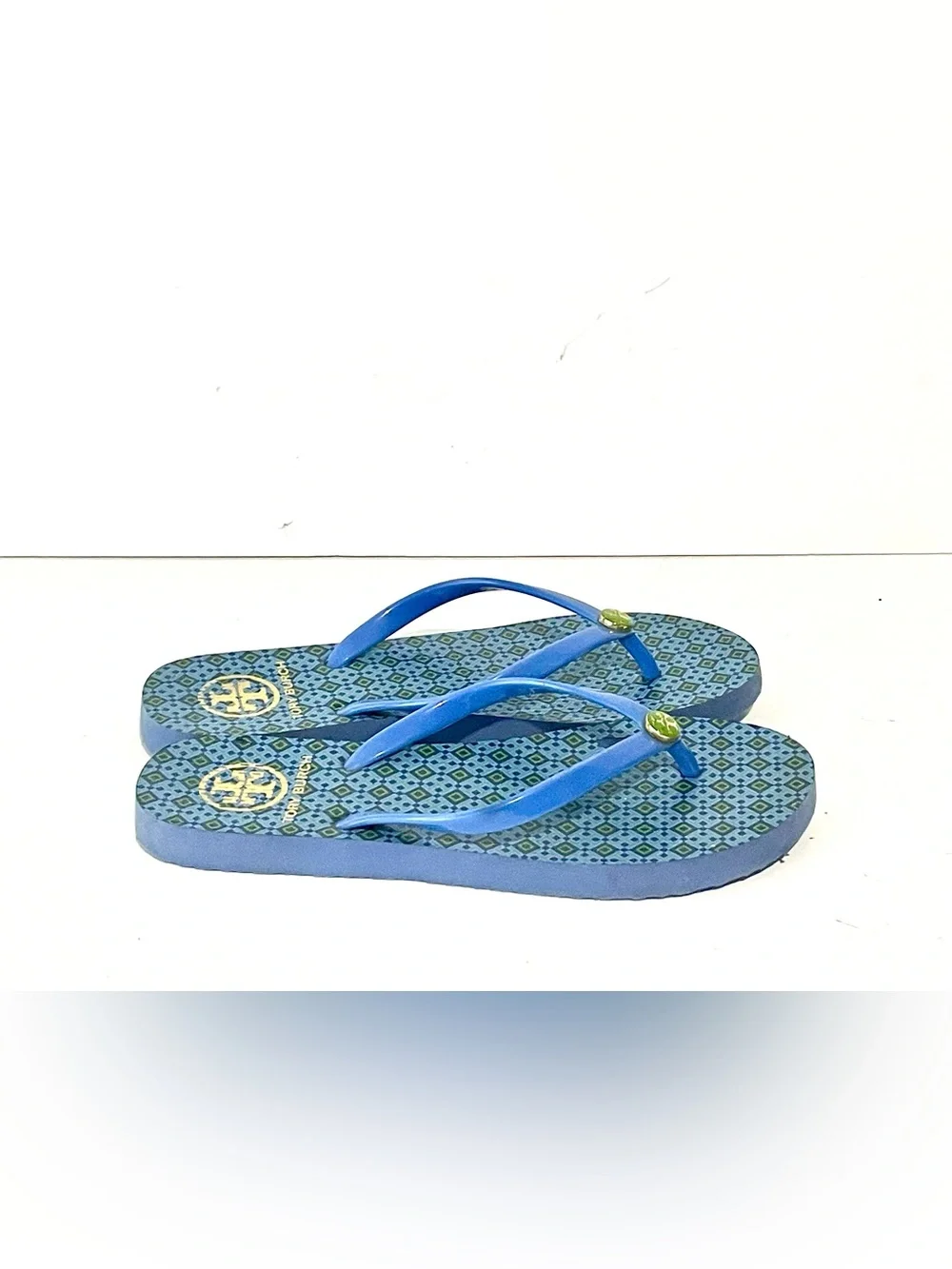 Tory Burch Blue Patterned Thong Sandals with Green Logo Accents Size 6